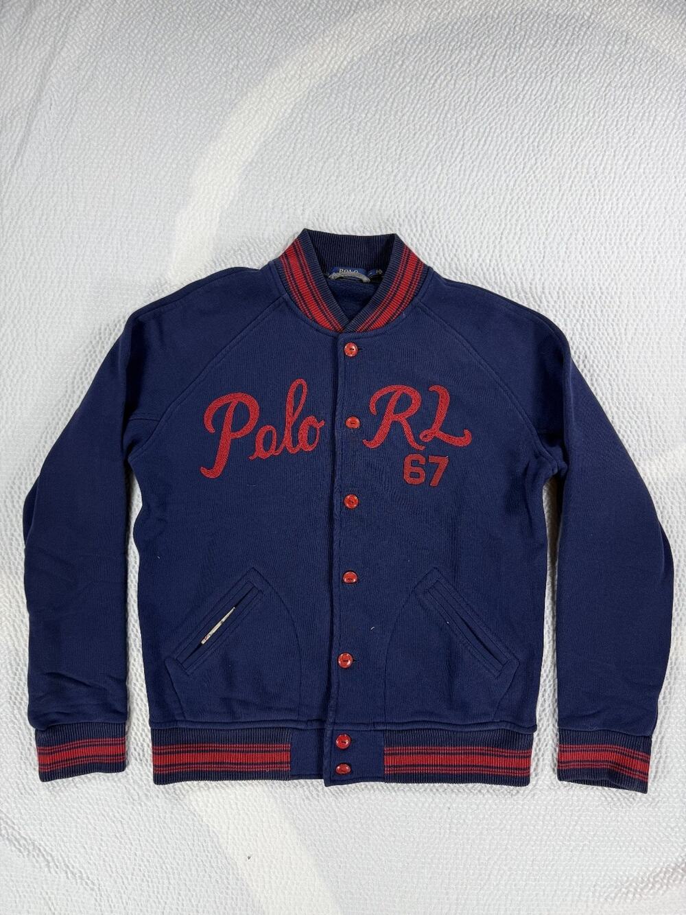 Polo Ralph Lauren 67 Men's Large Navy Blue Red Fleece Varsity Letterman Bomber